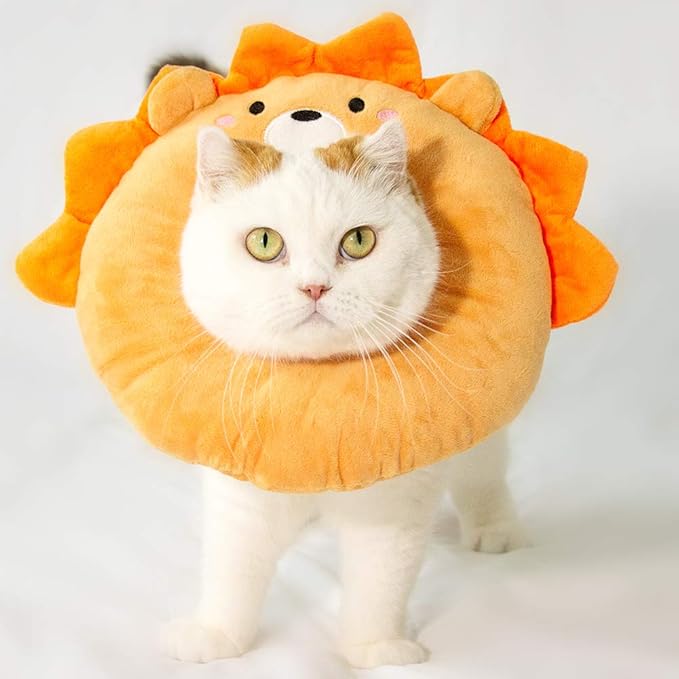 Adjustable Cat Recovery Collar Soft,Cute Pet E-Collar Neck Cone After Surgery Wound Healing Protective Cone Fit for Kitties, Small Dogs(ELC05-lion-l)-PawvioPets