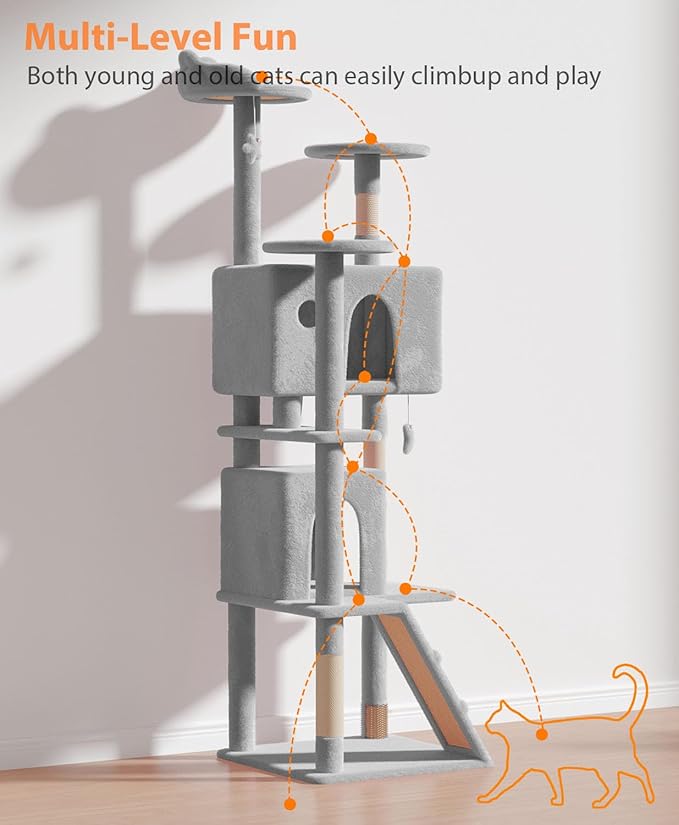 77'' Cat tree Tower for Indoor Cats Large Adult,Cute/Tall Modern Cat Tree for Big Cats 20 lbs,Plush Multi-Level Cat Condo with Scratching Posts,Dangling Ball for fun play(Light Gray, 77 inch)-PawvioPets
