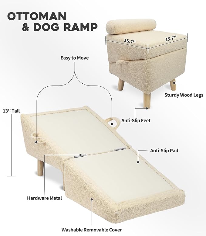 Dog Stairs for Small Dogs and Cats – 2-in-1 Dog Ramp for Bed and Couch, 16.5'' Foldable Wooden Pet Steps, Sturdy Multi-Use Split Ottoman Design, Beige-PawvioPets