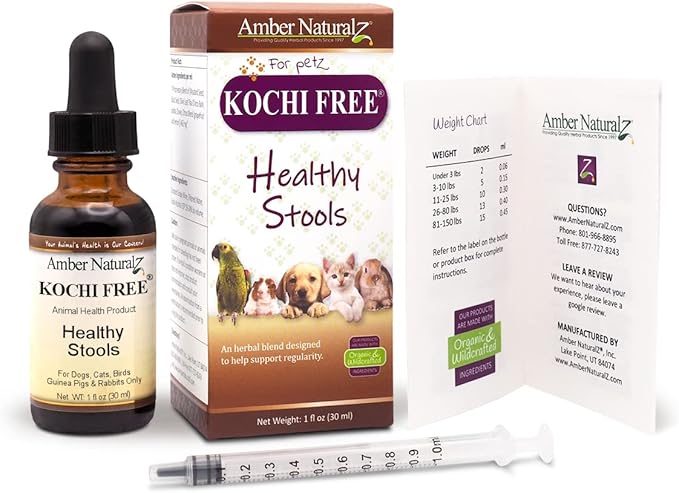 Amber NaturalZ Kochi Free Herbal Supplement for Dogs, Cats, Birds, Guinea Pigs, and Rabbits | Pet Herbal Supplement for Healthy Stool Support | 1 Fluid Ounce Glass Bottle | Manufactured in The USA-PawvioPets