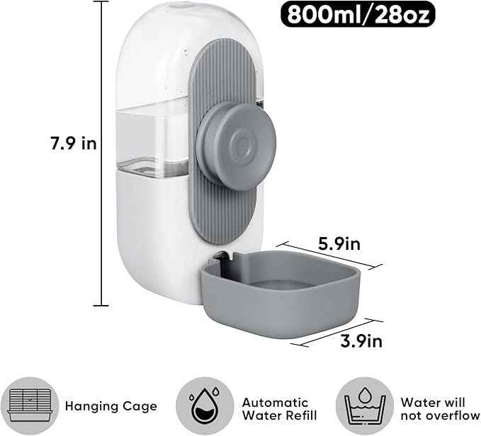 28oz Hanging Automatic Water Dispenser，Rabbit Water Bottle,Bunny Guinea Pig Ferret Water Bowl for Cage,Suitable for Small Animal Puppies(Cage Grid Spacing Over 1.2'') (Gray)-PawvioPets