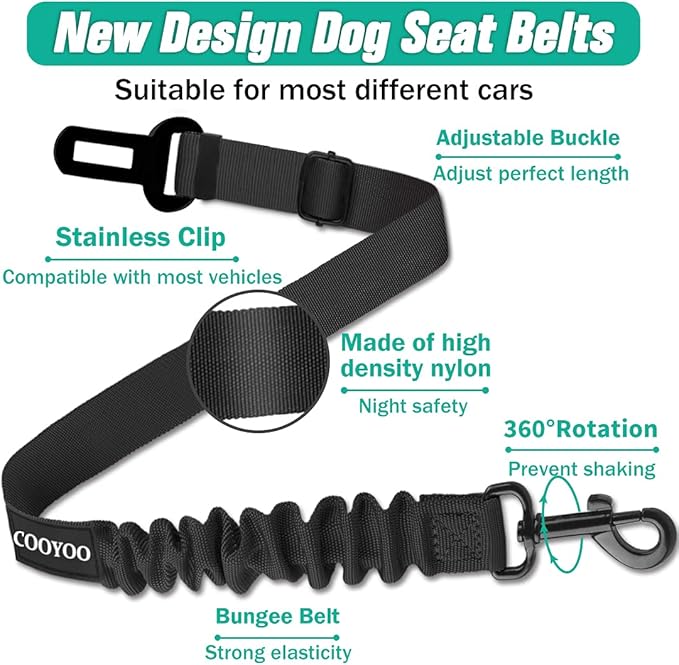 COOYOO Dog Seat Belt,Retractable Dog Car Harness Seat Belt for Car Adjustable Nylon Pet Safety Seat Belts Heavy Duty & Elastic Bungee Buffer-PawvioPets