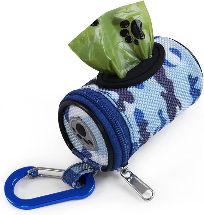 Dog Poop Bag Holder for Leash Doggie Waste Bag Dispenser Puppy Potty Carrier Small Doggy Zipper Pouch with Carabiner Clip 1680D Nylon Oxford with 1 Roll of Pet Trash Bags, Sky Blue Camo-PawvioPets