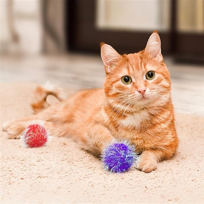 30 Pieces 1.6 inches Sparkle Pom Pom Balls for Cat - Interactive Glitter Balls, Multicolor, Best as Kitten Play Toys-PawvioPets