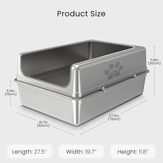 Enclosed Stainless Steel Cat Litter Box with Lid, Oversize Metal Litter Box for Multi Cats, Extra XXL Cat Toilet with High Side, Non-Stick, Anti-Leakage, Odorless, with Cat Litter Mat & Litter Scoop-PawvioPets