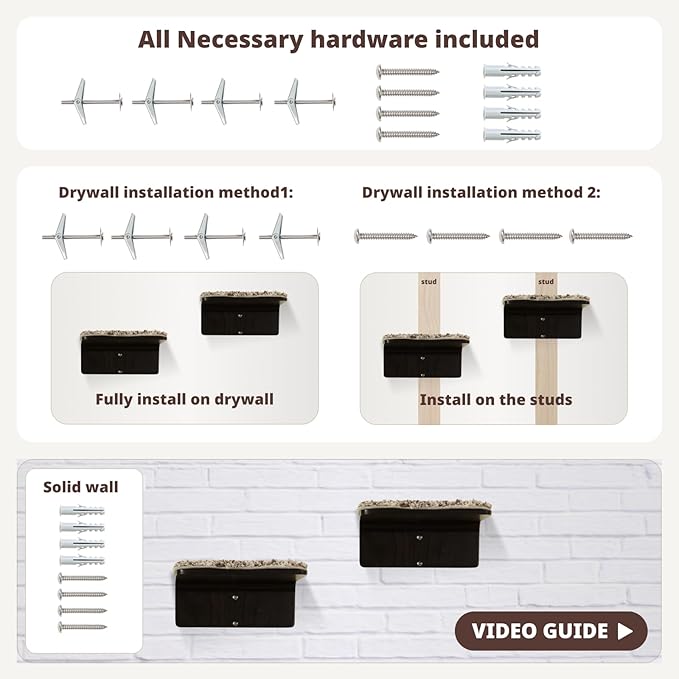 2 Set Cat Wall Steps - Wooden Cat Climbing Shelf for Wall - Cats Wall Stairs with Scratching Mat - Wall Mounted Cats Furniture for Jumping, Playing, and Lounging, Walnut-PawvioPets