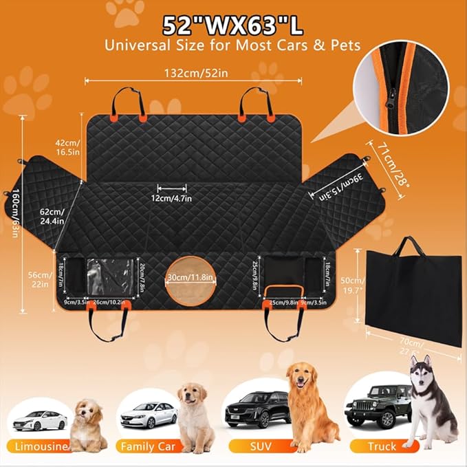 Dog Car Seat Cover for Back Seat, Hard Bottom Back Seat Extender for Dogs, Holds 420lbs, Waterproof Pet Hammock Protector, Thick and Durable Dog Seat Cover for Truck, Car, SUV-Black-PawvioPets