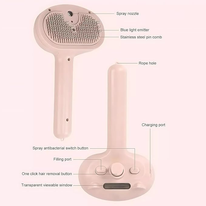 4 in 1 Cat Steam Brush: steam brush for cats, Grooming, Shedding, Mist Spray, Hair Removal Comb & Massager, USB Rechargeable Self Cleaning cat steam brushes for indoor cats - Pink-PawvioPets