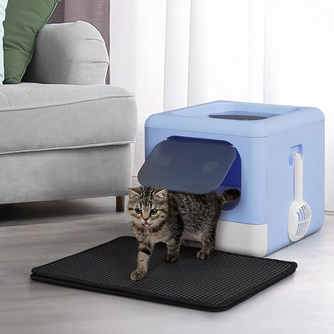 Foldable Cat Litter Box w/Lid, Scoop & Mat, Drawer Design Cat Toilet for Kitten, Two-Way Entry Kitty Litter Box, Odor Control & Easy to Clean, Blue-PawvioPets