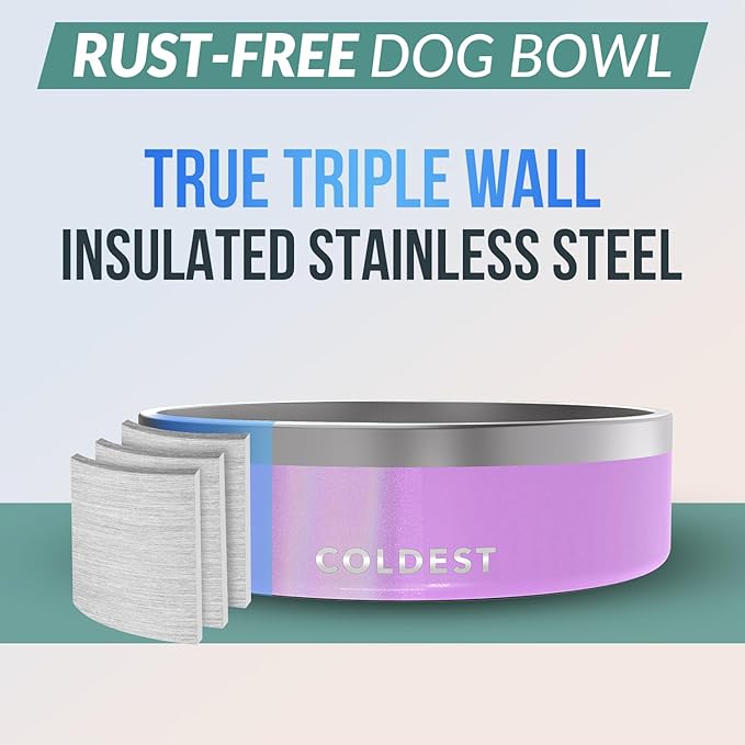 Coldest Dog Bowl - Anti Rust Metal, Non Slip, 3 Layers Insulated Stainless Steel Dog Bowls - Spill Proof & Heavy Duty - Water Bowl for Dogs, Cats, Dish Washer Safe (42 oz, Saturns Purple Glitter)-PawvioPets