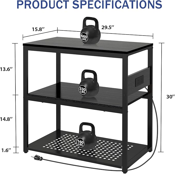 20-29 Gallon Fish Tank Stand with Power Outlets, 3-Tier Metal Aquarium Stand, Breeder Reptile Tank Stand with Shelf for Home Office, 660LBS Capacity, 29.5 x 15.8 x 30.1 inches, Black-PawvioPets