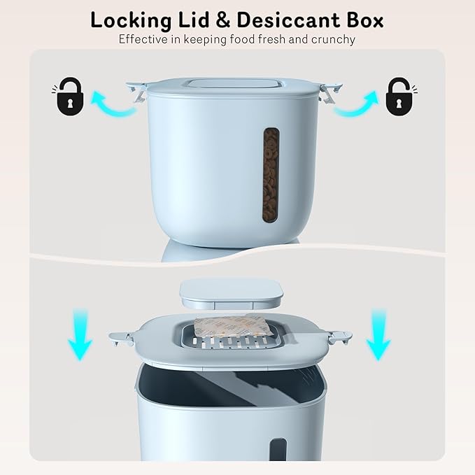 Automatic Cat Feeder and Water Dispenser FW1, Wire or Battery Cat Food Dispenser Timer Pet Feeder - Locking Lid, Desiccant Bag, Programmable Portion Control, 4 Daily Meals, 10s Voice Recorder-Blue-PawvioPets