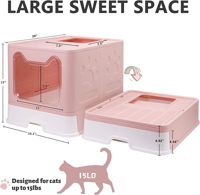 Foldable Cat Litter Box with Lid, Enclosed Potty, Large Top Entry Anti-Splashing Toilet, Easy to Clean Including Litter Scoop and 2-in-1 Cleaning Brush (Pink)-PawvioPets