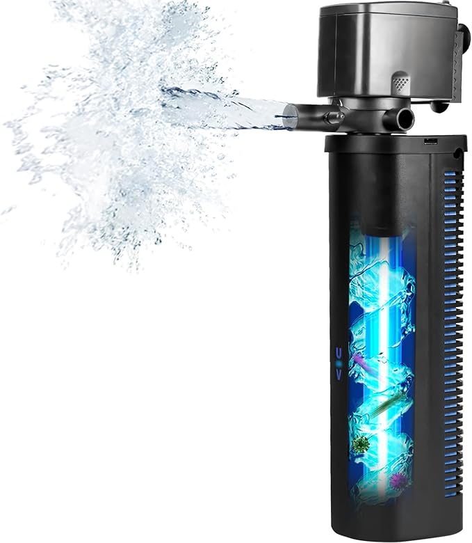 Aquarium U-V Filter Dual Spout 600GPH for Large 100-300 Gallon Fish Tank Silent Canister Internal Filter Cold Plunge Tub Koi Pond Filter, Green Clean Machine Deodorization for Saltwater Freshwater-PawvioPets