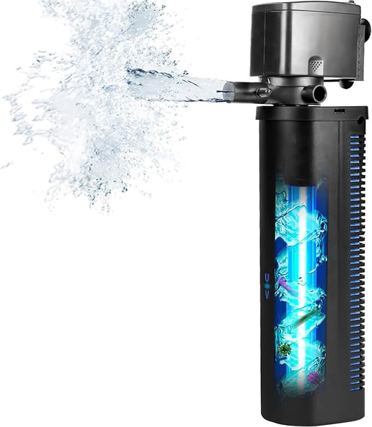 Aquarium U-V Filter Dual Spout 600GPH for Large 100-300 Gallon Fish Tank Silent Canister Internal Filter Cold Plunge Tub Koi Pond Filter, Green Clean Machine Deodorization for Saltwater Freshwater-PawvioPets
