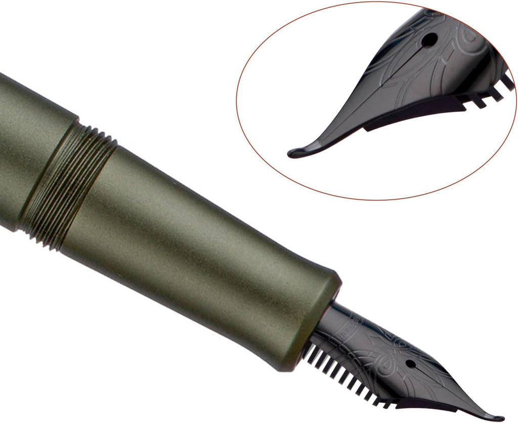 Hongdian M2 Black Forest Mini Fountain Pen, Bent Nib & Sleek Shape Aluminium Short Pocket Travel Pen (Army Green)
