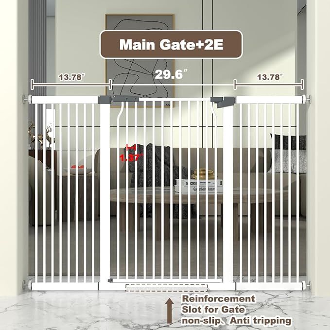 41" Extra Tall Cat Gate for Doorway, 54.5-60.2'' Metal Pet Baby Safe Gate, Extra Wide Pressure Mounted Child Door with Expansion Kit, No Drilling Baby Gate Indoor, No Climb Proof Gate, White-PawvioPets