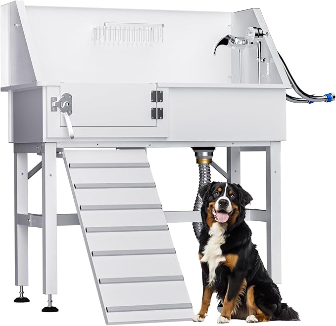 Dog Washing Station for Home, 38" White Professional Stainless Steel Dog Grooming Tub, Height Adjustable Dog Bathing Station, Upgrade Parts, Dog Bath Tubs for Small & Medium Dogs(Left Ramp)-PawvioPets