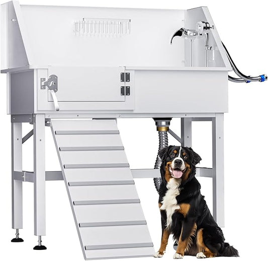 Dog Washing Station for Home, 38" White Professional Stainless Steel Dog Grooming Tub, Height Adjustable Dog Bathing Station, Upgrade Parts, Dog Bath Tubs for Small & Medium Dogs(Left Ramp)-PawvioPets