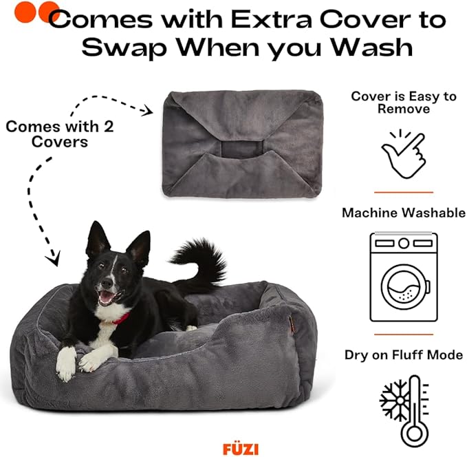 FUZI Luxury Aesthetic Dog Bed with Extra Cover for Large Dogs, Washable Pet Couch, Pet Bed with Sides, Non-Slip Bottom, Soft and Durable Calming Dog Bed, Faux Rabbit Fur, Large 35.6x28.5x9.5 Dark Grey-PawvioPets