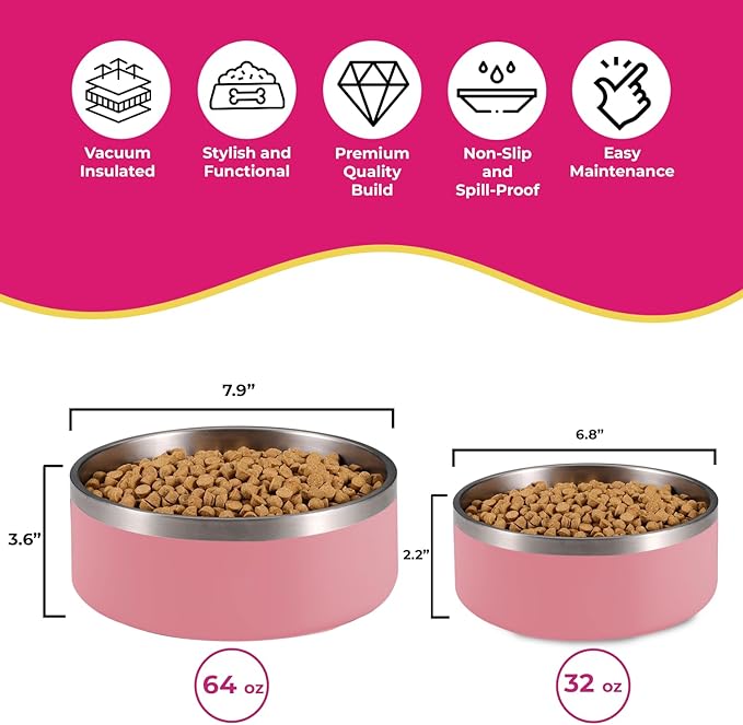 Dog Bowls, Dog Water Bowl Vacuum Insulated Stainless Steel Pet Bowl, Non-Slip, Spill-Proof, Easy to Clean, Stylish and Functional, 32 oz, Light Pink-PawvioPets
