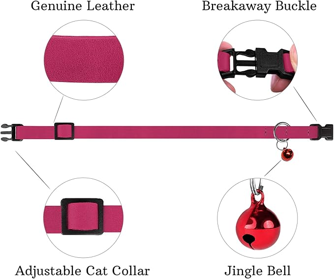 Breakaway Cat Collar Leather with Removable Bell - 13 Colors Available - Soft Adjustable Girl Boy Safety Lightweight Pet Kitten Collars Pink Brown Blue Green Red Orange Black (Pink)-PawvioPets