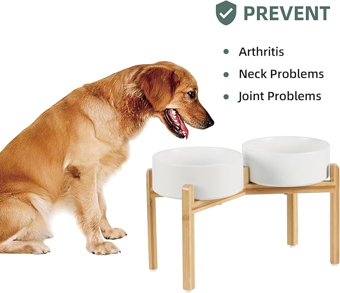 Ceramic Raised Double Bowls Set with Stand, Food & Water Bowls for Large Breed Dogs, Weighted Dog Dishes, Pet Bowl(8.2'',60OZ, White)-PawvioPets