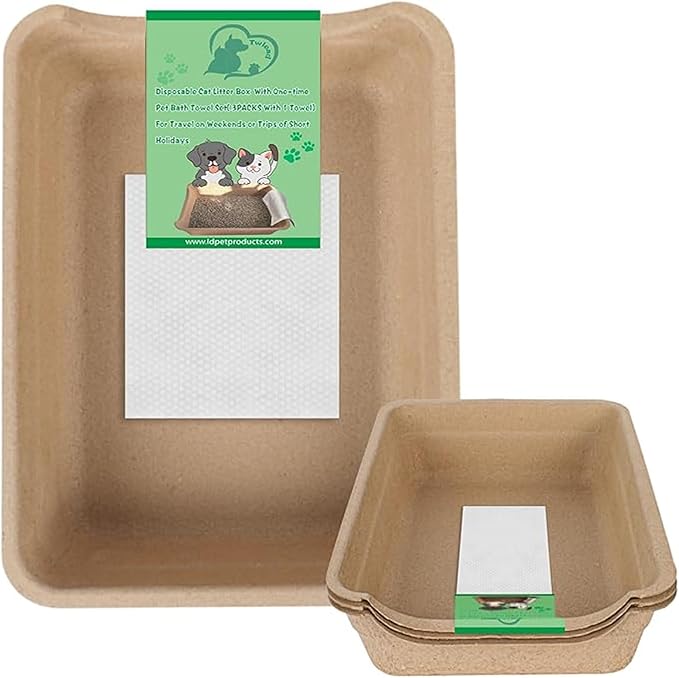 Disposable Litter Boxes for Cats, Low Entry Paper Litter Box, Paper Cat Litter Tray with One-time Pet Bath Towel Set （3PACKS with 1 Towel） for Travel on Weekends or Trips of Short Holidays-PawvioPets