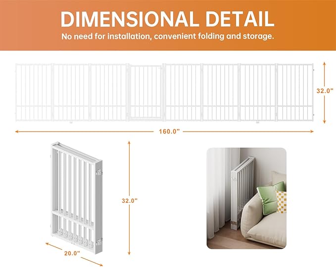 Full Metal Freestanding Dog Gate with Door, 32''Height Foldable Pet Dog Fence for Indoor & Outdoor, 8 Panels Extra Wide Free Standing TallDog Gates for Doorways,House,Stairs,Porch,Deck,Yard-PawvioPets