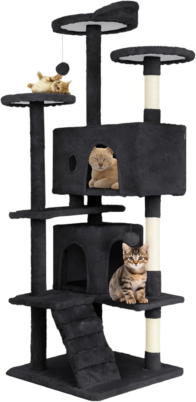 54.7 inches Cat Tower for Indoor Cats, Multi-Level Cat Condos with Scratching Posts, Hanging Toys, Dark Gray-PawvioPets