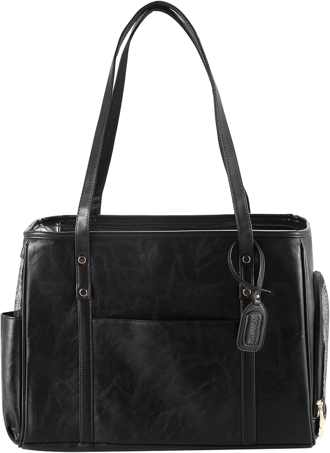 Fashion Dog Carrier Purse, Premium Leather Cat Carrier Bag, Airline Approved Soft Sided Pet Travel Tote Bag with Pockets Black-PawvioPets