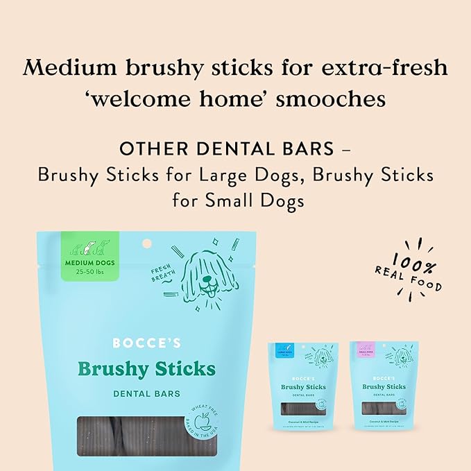 Bocce's Bakery Dailies Brushy Sticks to Support Oral Health & Fresh Breath, Wheat-Free Dental Bars for Dogs, Made with Real Ingredients, Baked in The USA, All-Natural Coconut & Mint, Medium Dogs-PawvioPets