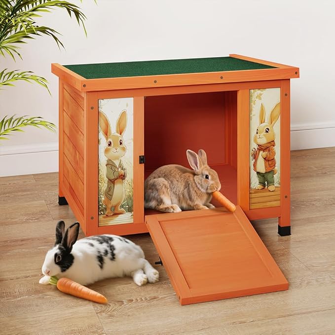 COZIWOW 24in Wooden Cat House Outdoor & Indoor Pet Shelter with Foldable Ramp - Weatherproof Rabbit Hutch with Unique Machine-Printed Art Designs for Cat, Rabbit, Guinea Pig (Orange)-PawvioPets