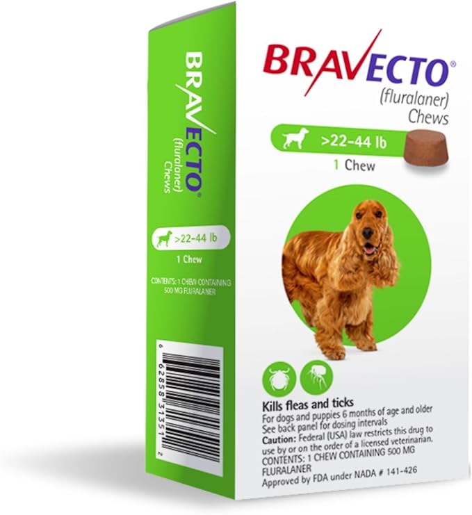 BRAVECTO Chew for Dogs, Flea & Tick, 1 Chew, 12 Week Supply, 22-44 lbs., Green Box-PawvioPets