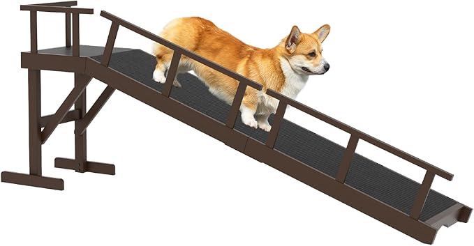 73" Dog Ramp for Bed, Pet Ramp with Removable Side Rail and Non-Slip Surface, Pet Ramp for Small & Large & Senior Dogs with Rest Platform and DIY Glow Strips,Dog Stairs for Couch, Brown-PawvioPets