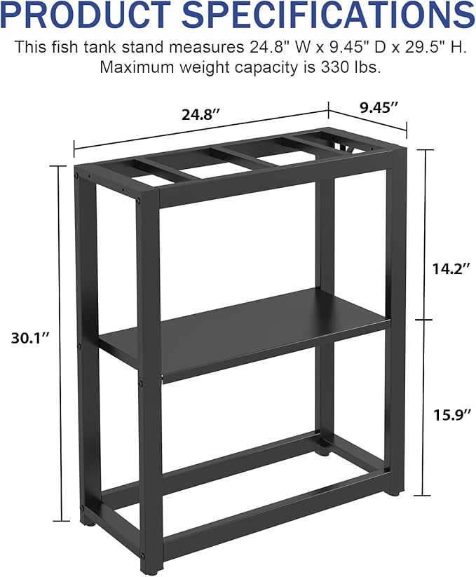 10-20 Gallon Fish Tank Stand with Storage Shelf, Aquarium Stand Measuring 24.8" W x 9.5" D x 30.1" H with Hooks,Heavy Duty Metal Turtle Reptile Tank Stand, Easy Assemble-PawvioPets