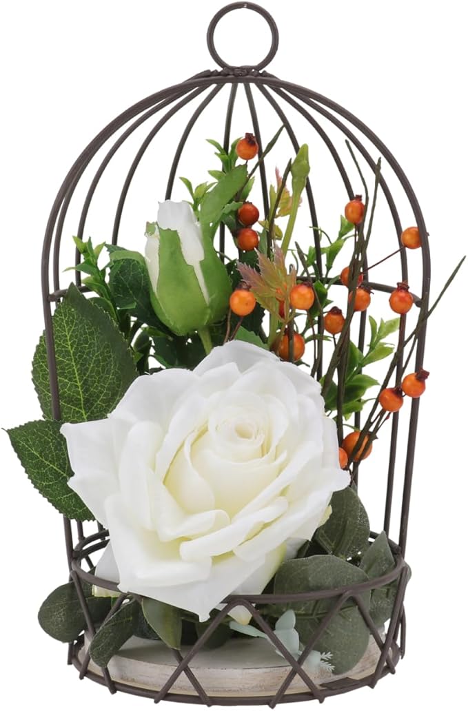 BESTOYARD Hanging Bird Cage Decor with White Simulation Rose Flowers for Home Wedding Table and Garden Ornament-PawvioPets