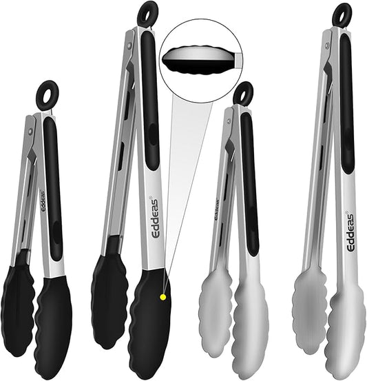 4 Pack Tongs For Cooking, Heat Resistant 600 Degrees 9",12" Stainless Steel Locking Metal Tong & 9",12" Kitchen Tongs with Silicone Tips, Non-Slip Food Silicone Tong, Heavy Duty, Non-Stick-PawvioPets