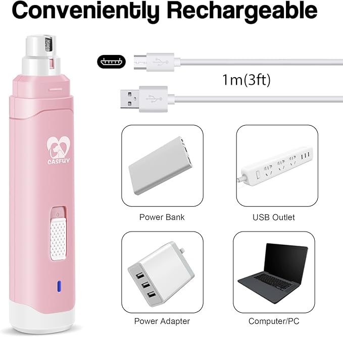 Casfuy Dog Nail Grinder Upgraded - Professional 2-Speed Electric Rechargeable Pet Nail Trimmer Painless Paws Grooming & Smoothing for Small Medium Large Dogs & Cats-PawvioPets