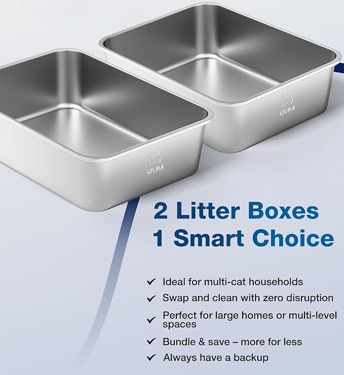 2 Pack Stainless Steel Cat Litter Box, 19.5" L×13.6" W×5.9" H, Metal Kitty Litter Box with High Sided for Big and Small Catss, Non-Stick, Easy to Clean, Odor-Free-PawvioPets