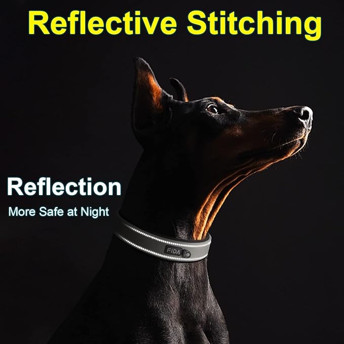 Fida Heavy Duty Dog Collar, Ultra Comfortable Soft Neoprene Padded, Adjustable Reflective Nylon Pet Collar with Durable Metal Belt Buckle for Medium Breeds (M, Grey)-PawvioPets