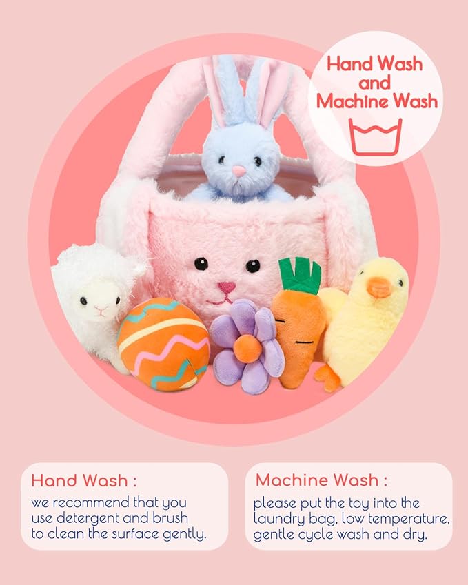 7 Piece Plush Stuffed Animals Playset Toys with Rabbit, Chick, Lamb, Carrot, Egg, Flower, Furry Bag, Soft Basket Set Toys for Girls Kids Ages 3+, Birthday Christmas Valentines Easter Party Favors-PawvioPets