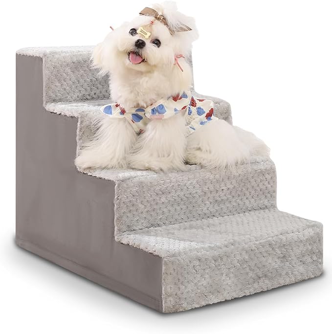 Dog Stairs for Small Dogs,17.5" H,4-Step Dog Steps for High Bed Couch and Sofa,Pet Stairs for Dogs and Cats Climbing with Non-Slip Bottom and Washable Cover,Light Grey-PawvioPets