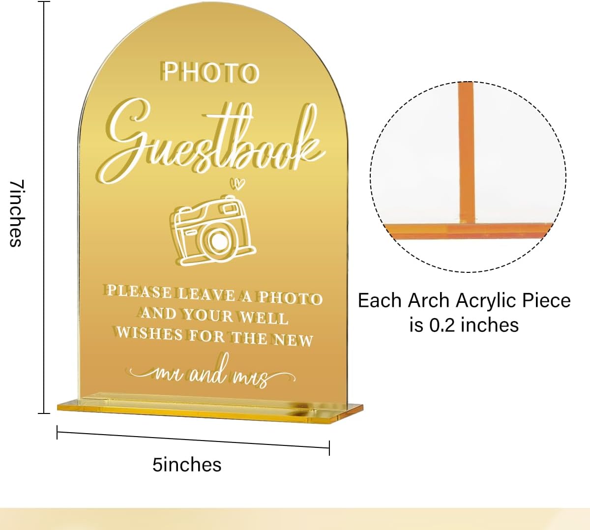 Acrylic Wedding Sign, Bridal Shower Decorations, Photo Guestbook Sign for Ceremony, Modern Font Table Signs, Gold Mirror Arched Acrylic Tabletop Signs for Wedding Reception and Event Party
