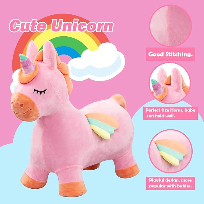 EVERICH TOY Bouncy Horse Unicorn Toys, Inflatable Bouncing Animal Hopping Toys, Outdoor Indoor Ride on Bouncer, Boys Girls Birthday Gift for 18 Month 2 3 4 5 6 Year Old Kid- Plush Unicorn Toy-PawvioPets