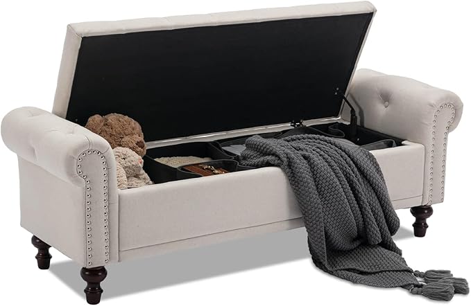 58.1'' Storage Bench Upholstered Linen End of Bedroom Bed Bench Ottoman with Tufted Cushioned Rolled Arm Large Storage Space for Reading Living Room Entryway, Beige-PawvioPets