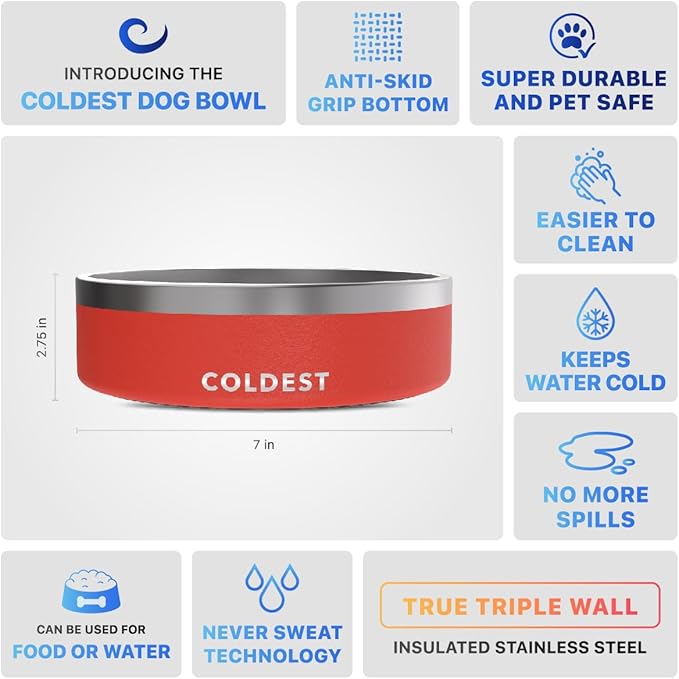 Coldest Dog Bowl - Anti Rust Metal, Non Slip, 3 Layers Insulated Stainless Steel Dog Bowls - Spill Proof & Heavy Duty - Water Bowl for Dogs, Cats & Pets, Dish Washer Safe (42 oz, Crimson Red)-PawvioPets