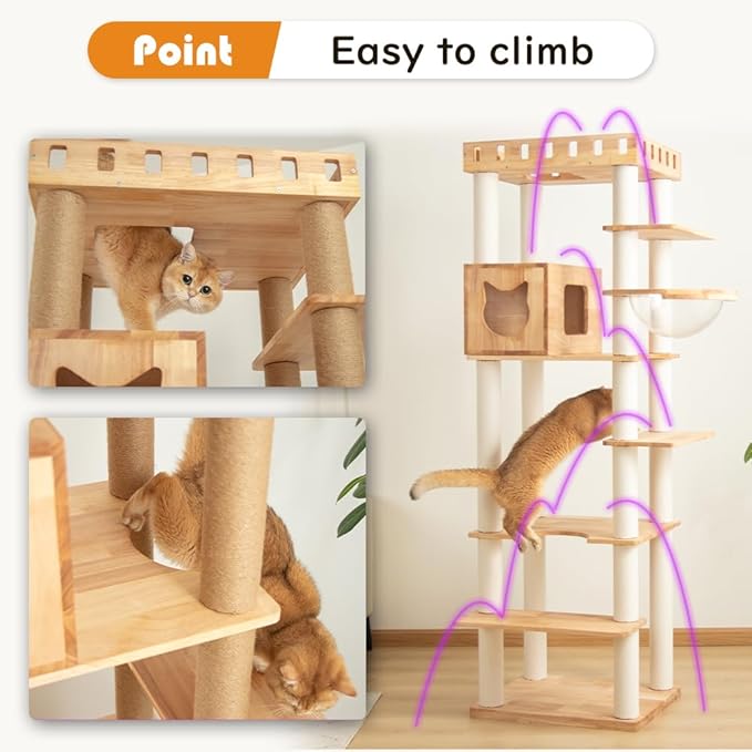 74.8" Wooden Cat Tree Tower for Large Cats, Multi-Level Cat Climbing Furniture with Scratching Posts, Cat Condo & Hammock, Natural Wood Cat Activity Center (White)-PawvioPets