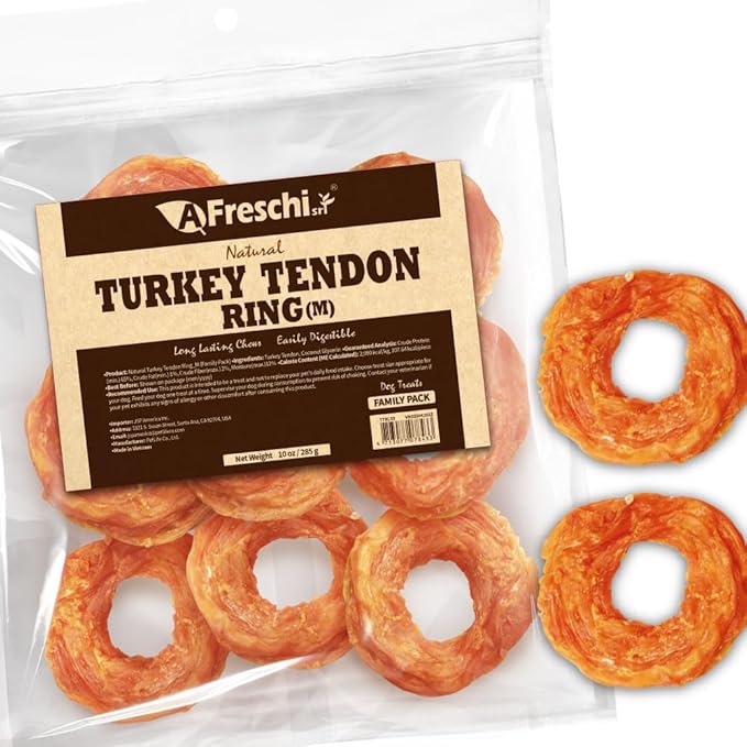 Afreschi Natural Turkey Tendon Ring (M) 10 oz, USA-Sourced Turkey Tendon, All Natural Puppy Chew, Hypoallergenic, Rawhide Alternative, for Medium Breeds-PawvioPets