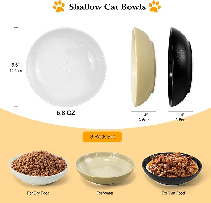 3PCS Cat Food Bowl,Ceramic Cat Dish for Indoor Cats,Wide Shallow Cat Bowls for Dry and Wet Food,Anti Whisker Fatigue Cat Plates for Kitten Cats or Dogs-PawvioPets